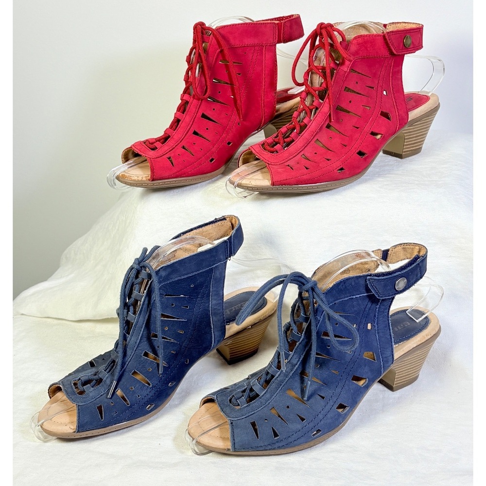 Earth KRISTEN Leather Cutout Peep Toe Gladiator Block Red Blue Sandals x2 7.5
